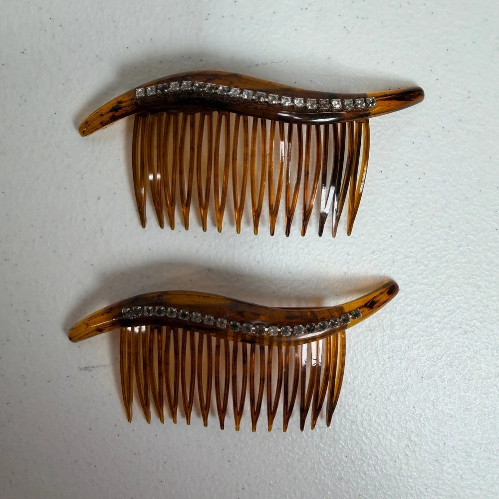 Vintage 90s Hair Comb Set Faux Tortoise Rhinestone Wave Made in USA Lot Of 2
